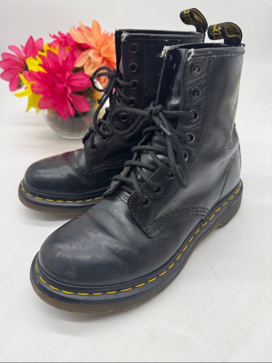 Dr. Martens Shoes - Dr. Martens Black Leather Lace-Up Ankle Boots with Yellow Stitching EU Size 37
